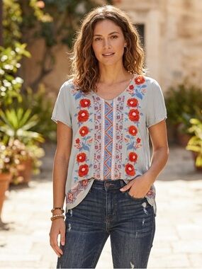 How Very Loved Floral Embroidered Boho Peasant Blouse Size L